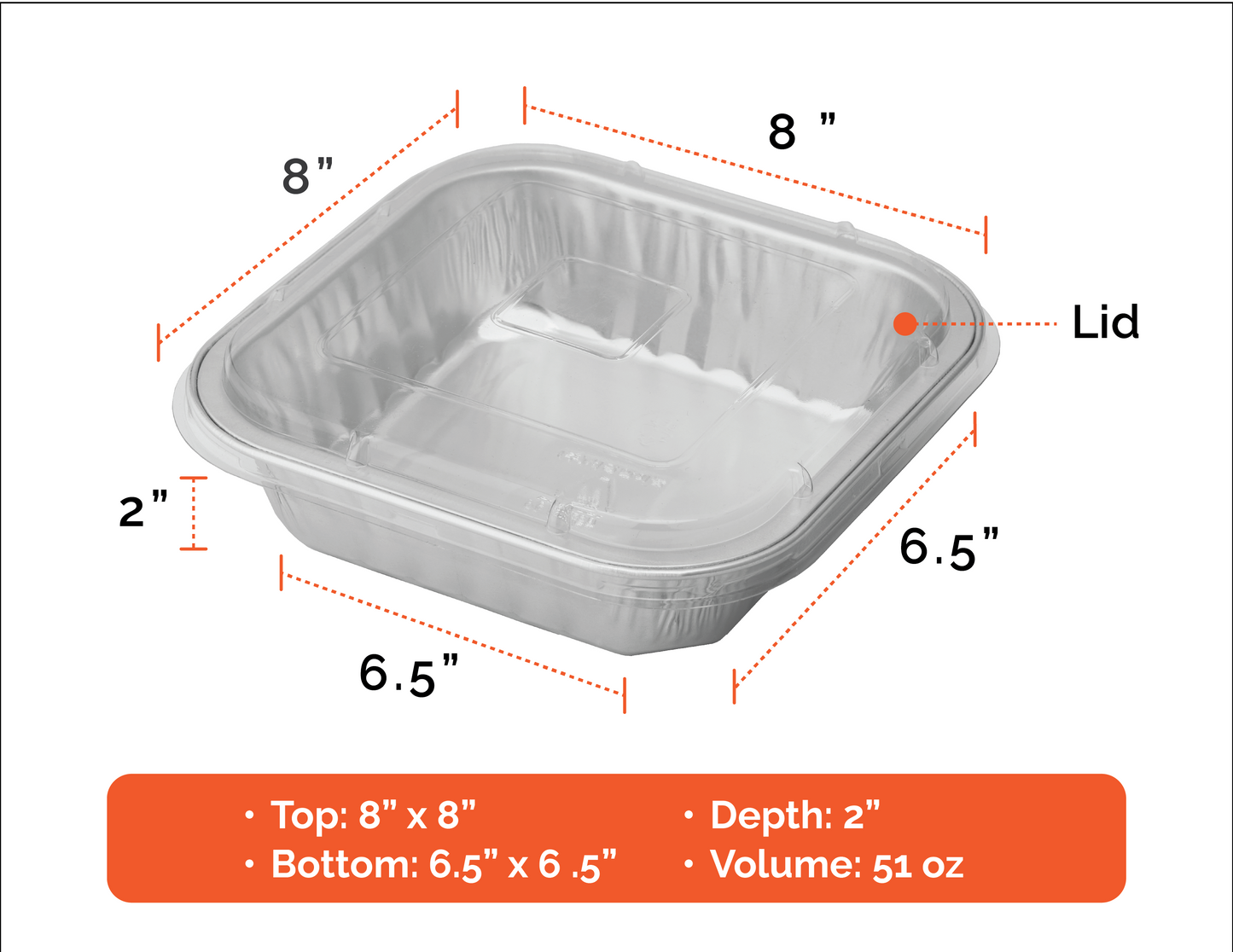 8" Square Aluminum Pans +Lids | 51oz, 8"x2" | 3X Thick, Reusable | Microwave, Oven, Air Fryer, Grill Safe| Ideal for Camping, Lunch Box, and Meal Prep | For Pasta, Chicken, and Mac and Cheese